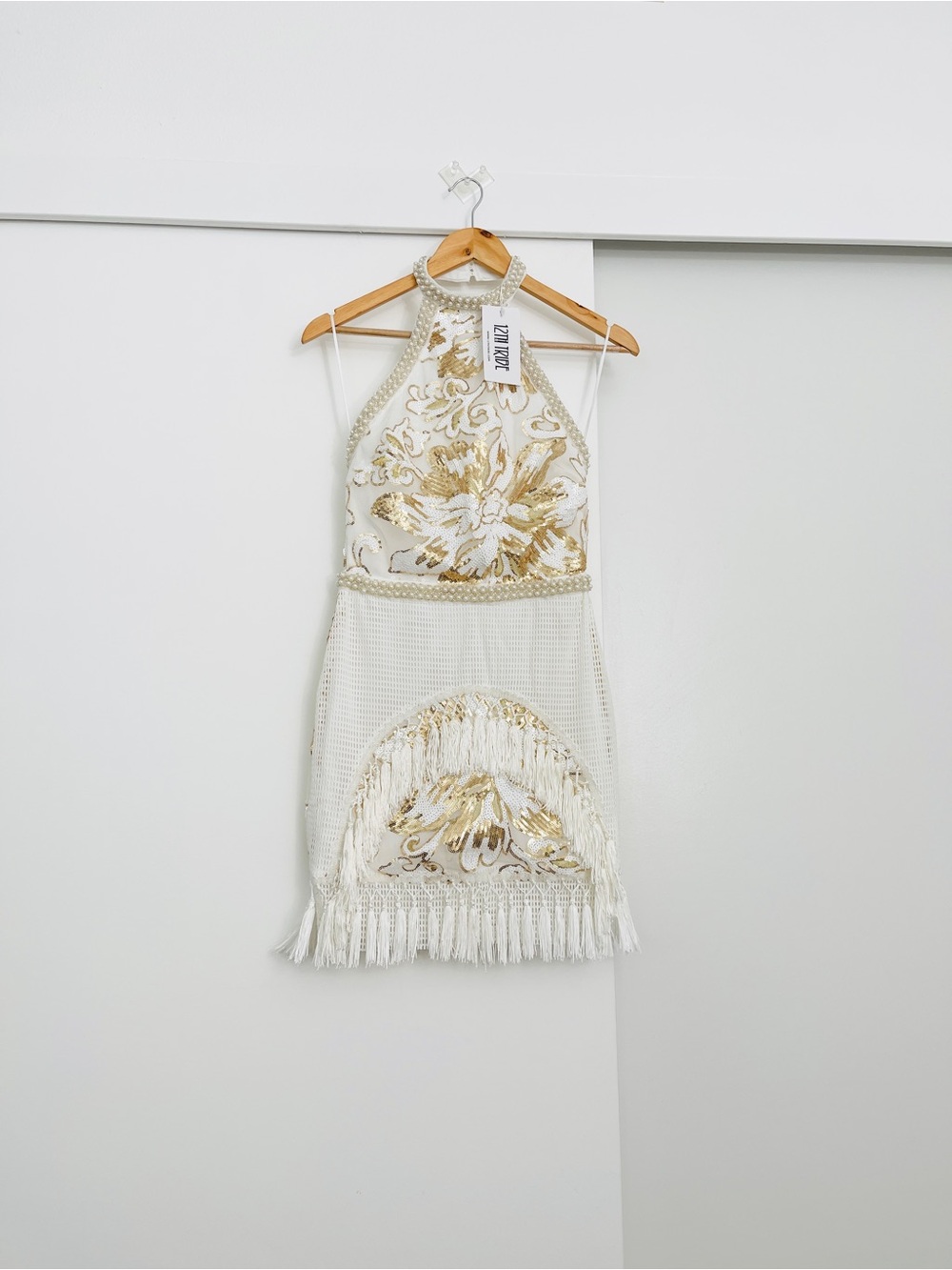 12th Tribe White and Gold Embellished Fringe Halter Mini Dress